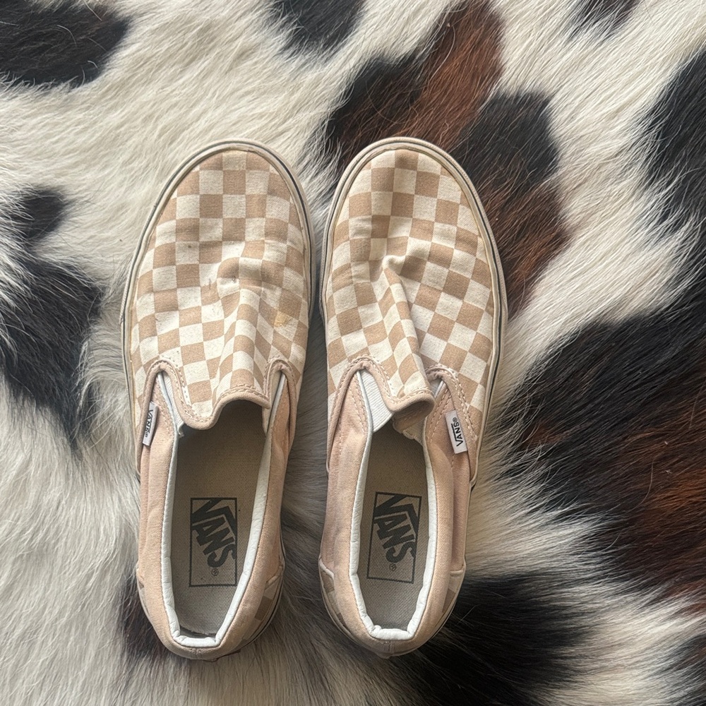 Vans Beige and White Checkered Slip-Ons